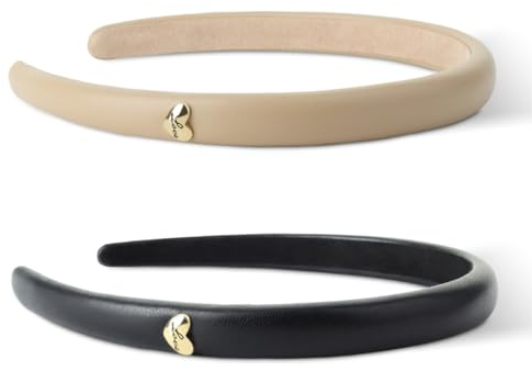 SXQLYH Lot de 2 Serre-Tête En cuir PU, Serre Tête Femme Bandeau Épais Rembourré Avec boutons Love - pour Cheveux de Festival Femmes Filles - En cuir synthétique souple, noir + beige
