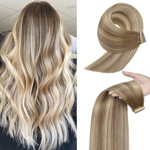 YDDM Tape In Extensions Echthaar 20pcs 40cm 40g Hellbraun mit Goldblond Invisible Tape Extensions Echthaar Extensions Tape Extensions Echthaar Skin Weft Haarverlängerung(16Zoll,10/10/22#)
