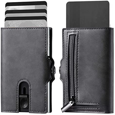 VpiuV® geldbörse Herren - Kreditkartenetui mit RFID-Schutz - Slim Wallet mit Münzfach - Aluminium-Kartenhalter - GRAU Leder im Vintage-Stil