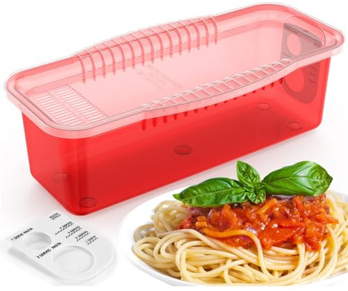 Potahouse® Microwave Pasta Cooker with Strainer Lid, Quick Cooking in 10-15 Min Spaghetti Cooker Microwave Steamer for Dorm Kitchen Offices College Essentials, Clear Red