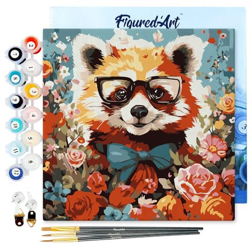 Figured'Art Mini Peinture par Numéro Adulte 20x20cm avec cadre Panda roux fantaisie et fleurs - Petit Format Kit de Loisir Créatif DIY Numéro d'Art Complet