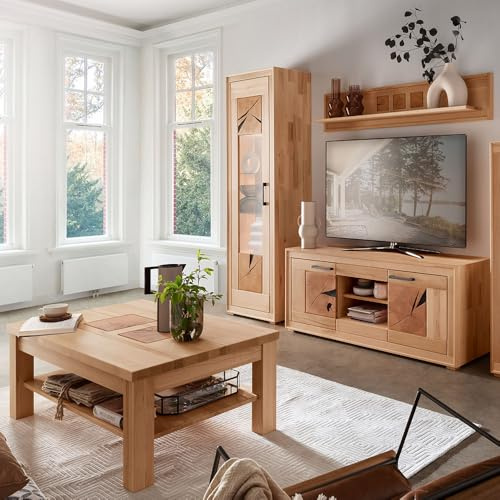 Lomadox Wohnmöbel Set Wohnwand Kernbuche massiv geölt montiert 4-teilig Modern, Vitrine, Wandboard, Lowboard, Couchtisch inkl. Beleuchtung