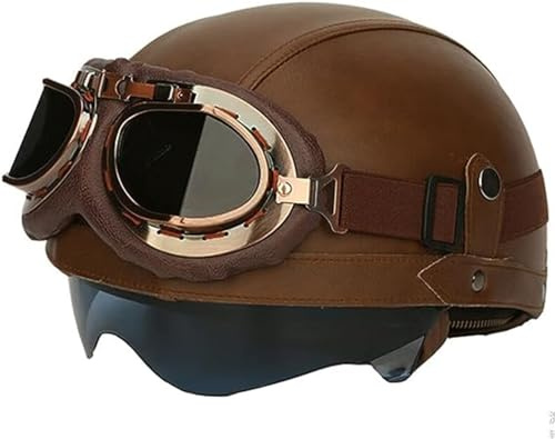 Retro Deutscher Leder-Motorrad-Halbhelm, ECE-geprüft, offener Helm für Erwachsene, Männer und Frauen, mit Schutzbrille, für Cruiser-Scooter, Moped, Chopper, Jet-Helm G,M/(57~58cm)
