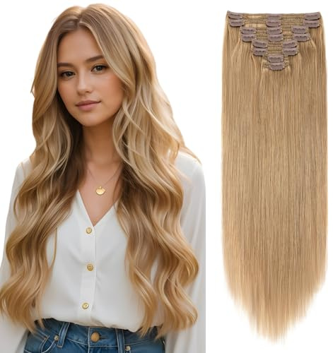 Elailite Double Weft Clip in Hair Extensions Real Human Hair Thick 8 Pieces Full Head Straight - #27 Dark Blonde - 22 Inch (160 g)