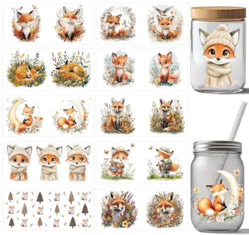 arricraft 10 Stück Fox UV DTF Cup Wrap Transferaufkleber 10 Stile Niedliches Cartoon Tier Transferpapier Zum Aufreiben von Aufklebern Aus PVC Für Tassen Wasserfeste Abziehbilder