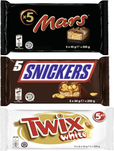 Schokoriegel Multipack-Mix 3 Packungen, 15 Riegel (705g) I Mars 5x45g I Snickers 5x50g I Twix White 5x46g I Milchschokolade I Karamell I Erdnüsse I Weiße Schokolade I Keks