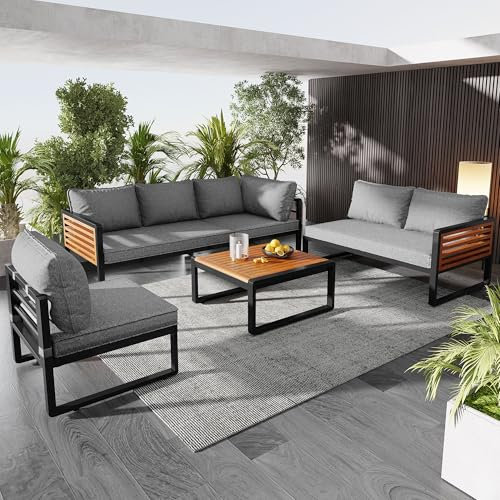 Jtyca Gartenmöbel Set, Gartenlounge Set für 5-6 Personen, Balkon Möbel Set mit Verzinktem Eisenrahmen, Dekorative Armlehnen aus Holz, 1 Doppelsofa, 1 Ecksofa, 1 Armloses Sofa, 1 Tische, Grau