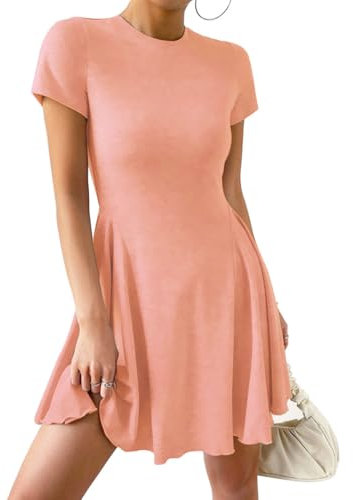 EIRUKON Vestiti Donna Estivi Bodycon Elegante Vestito Corto Manica Corta Abiti Miniabito Vita Alta Linea A Moda Abito a Pieghe,Rosa,M