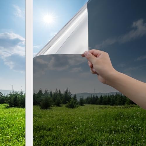Haton One Way Clear Window Film Privacy for Glass Windows, Heat Reflective Mirror Tint Film Anti Glare and UV, Static Cling Sticker See Out Not In for Home Office, Black Silver 44.5x200cm