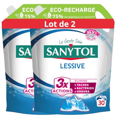 Sanytol - Recharge Lessive Désinfectante - Grand Air - 1,5 L - Lot de 2 - Tout Type de Linge, Préserve Fibres et Couleurs à Toutes Températures