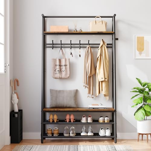 Coat Rack Stand, 3-in-1 Freestanding Hall Tree with Shoe Storage Bench & Single Row Hooks, 100cm Industrial Metal Frame Entryway Storage Shelf for Living Room Bedroom Hallway Entryway Apartment