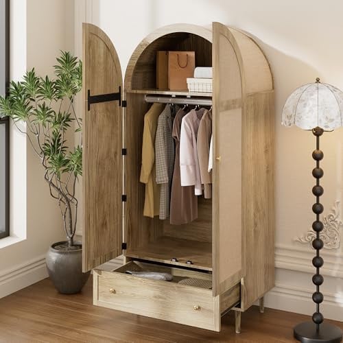 Elegantissimo armadio con ante in tessuto e cassetti, piedini in legno robusti, pratico spazio di archiviazione per vestiti e accessori – ideale per camera da letto, camera degli ospiti o guardaroba