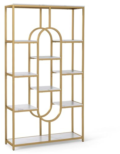 GIANTEX Geometrisches Bücherregal, Schwerlastregal mit Metallrahmen & Kippschutz, raumteiler Regal für Bücher, Zeitschriften und Pflanzen, 95 x 30 x 175 cm (Weiß + Gold)