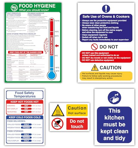 5 Pack Commercial Kitchen Safety Signs – A4 Food Hygiene & Oven Safety Posters, A5 Food Temperature Info & Keep Kitchen Clean, A6 Hot Surface Warning Labels – Self Adhesive Stickers