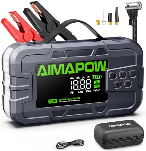 AIMAPOW 8000A Starthilfe Powerbank mit Kompressor 160 PSI, Auto Starthilfe für Benzin & 12L Diesel, Notstart bei leerer Batterie, Schnellstart in 3s, mit 600LUM LED & 4.2'' Display