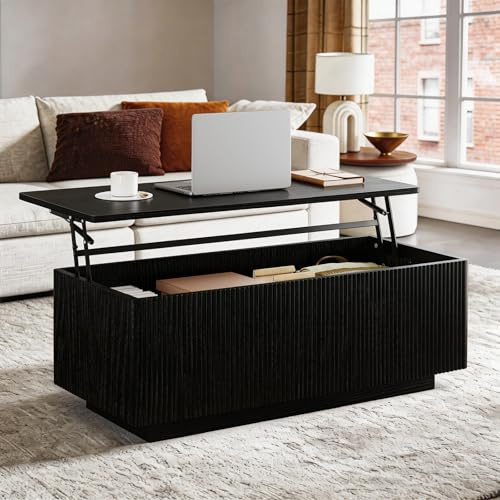 Mossora Black Lift Top Fluted Coffee Table with Hidden Storage, 105 * 48cm | Large Rectangular Lift Up Coffee Tables, Hidden Storage Compartment, Fluted Panel Rounded Corners, Mid Century Modern
