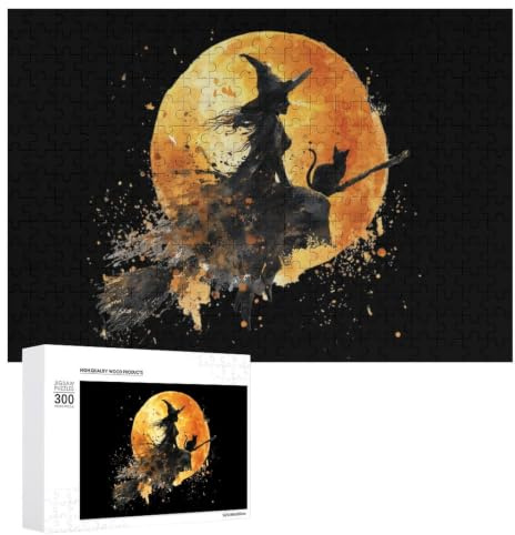 Witch on Broom with Black Cat Puzzle Wood Jigsaw Puzzles 300 PCS | 500 PCS,300 PCS,1000 PCS,Wooden,Jigsaw Puzzle,for Adults,Gift,Puzzles Set