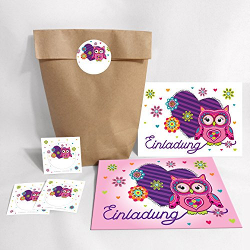 JuNa-Experten 12-er Set Einladungskarten, Umschläge, Geschentüten, Aufkleber Geburtstag Kinder Eule Herz für Mädchen Einladungen Kindergeburtstag Geburtstagseinladungen Set Partyset Kartenset Party