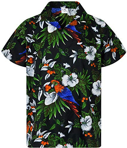 King Kameha Funky Chemise-Hawaienne, Manche-Courte, Cherry-Parrot, Noir, M