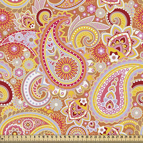 ABAKUHAUS Orange Gewebe als Meterware, Asiatisches Paisley, Dicht Gewebter Stoff zum Nähen Polster Wohnaccessoires, 3M (148x300cm), Gelb Orange