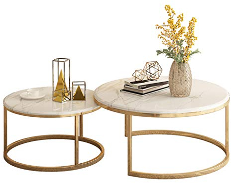 couchtisch marmor rund, satztisch metall 2er set Runder Kaffeetisch Schreibtisch, Eleganter 2-teiliger Teetisch, Stapelbarer Satztisch, Marmorplatte, Metall, Goldbasis, für Wohnzimmer mit hochwertig