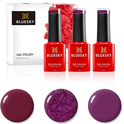 Bluesky Gel Polish, Gel Nagellack Set, Winter Reds. Independent Woman Blz28, Vampy Berry Bp11, Oxblood 80628. 3 x 5 ml Dunkelrot, Glitzer