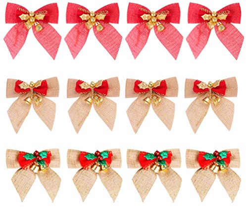 BESPORTBLE 12 Stücke Weihnachtsschleife Weihnachtsschleifen Geschenkschleifen Schleifen mit Glocken Jute Weihnachten Geschenkschleife Baumschmuck Christbaumspitze für Weihnachtsbaum Deko