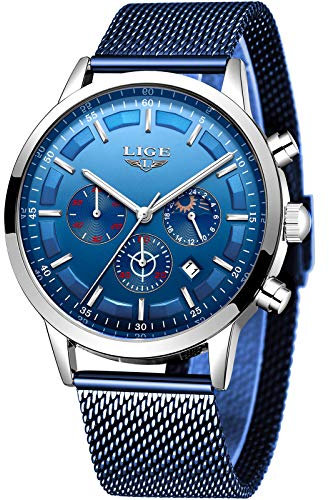 LIGE Herren Uhren Wasserdicht Edelstahl Automatisches Blau Mesh Uhren Herren klassisch Geschäft Analoger Quarz Uhren