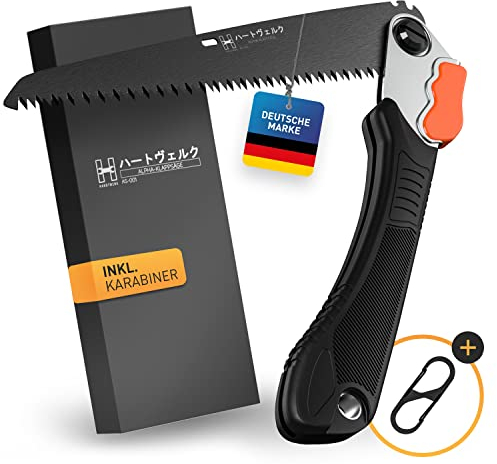 HARDTWERK Klappsäge ALPHA Astsäge mit Safety Lock (210mm) für Garten, Outdoor, Bushcraft inkl. S-Karabiner, Handsäge Holz aus SK5 Karbonstahl - Allzweckklappende Handsägen - Garten Handsäge - Säge