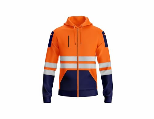 shelikes Mens Hi Vis Viz Jacket High Visibility Coat Two Tone Hooded Sweatshirt Zip Up Hoody Safety Work Top