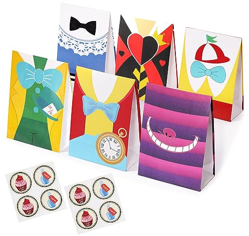 Tvorvik Alice in Wonderland Party Favor Bags, 24 Pack, Alice Party Supplies | Mad Hatter Tea Party Gift Bags, Onederland Birthday Party Bags with Sealing Sticker, for Alice in Wonderland Decorations