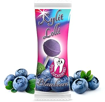 Xylit Birkenzucker Lolli Blaubeere | 50 Stk x 6g | Keine Chance für Karies: zuckerfreier Dauerlutscher | vegan & kalorienreduziert | Zahnpflege Lollipop Heidelbeer