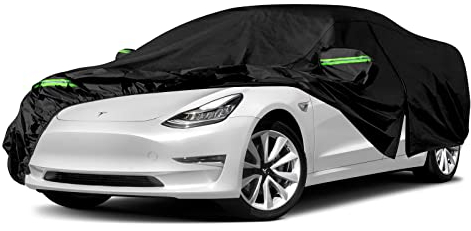 Autoabdeckung Wasserdicht für Tesla Model 3 2017–2022, Atmungsaktiv Vollgarage Abdeckplane für Regen Sonne Staub Schutz mit Reißverschluss, Schwarz Autohülle für den Innen und Außenbereich