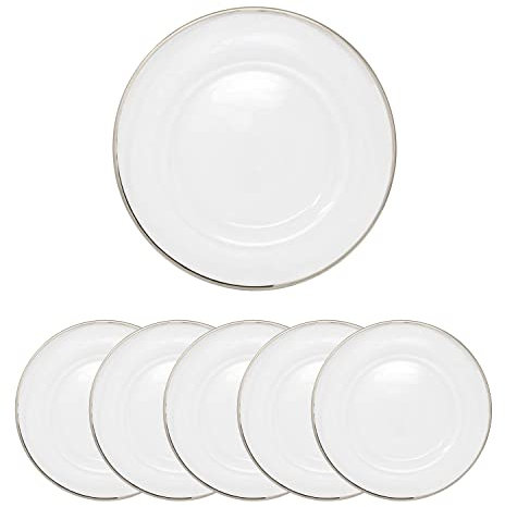 Trimming Shop Decorative Charger Plates for Parties, Silver Trim Glass Plates for Dinner Table Decoration, Weddings, Anniversary, Birthday, Party, Tableware, Catering Events, 33cm, 6pcs