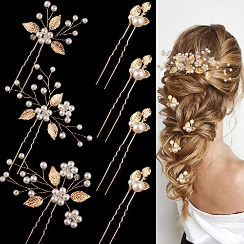 7 Stück Hochzeit Haarnadeln Gold Blatt Braut Kopfschmuck Perle Hochzeit Haarstyling Pins Haarschmuck Blume Haarschmuck für Braut Brautjungfern Mädchen