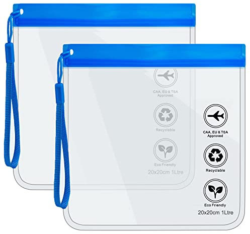 Transparente Reise-Kulturbeutel, Flughafensicherheit, Flüssigkeitstasche, 20 x 20 cm, TSA-genehmigt, Reisezubehör, Make-up-Tasche, Urlaub, Essentials, Gepäck für Männer und Frauen, 2 x Blau,