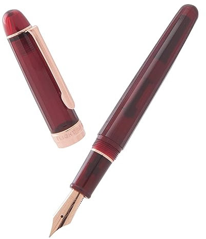 Natami Fountain Pen Fine Nib Transparent Clear Ink Converter Smooth Flow Rose Gold Trim Gift Leather Pouch Platinum Calligraphy (Ruby Red)