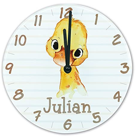 timalo® Wanduhr Tiere Kinderzimmer personalisiert mit Namen | Geschenk Uhr für Kinder mit süßen Tiermotiven | Ente glasuhr-t-14