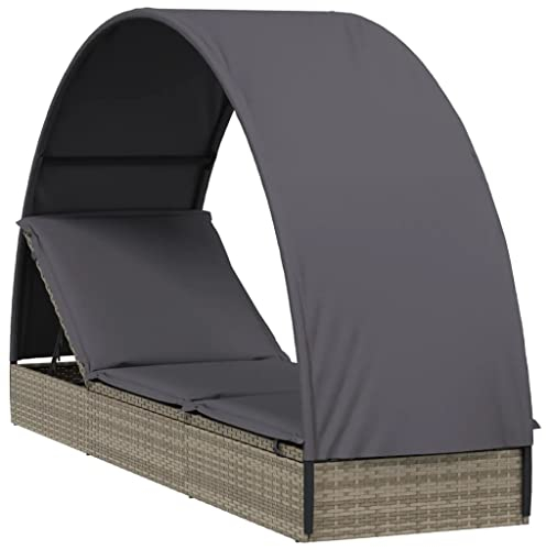 vidaXL Sonnenliege, Gartenliege Verstellbare Sitzfläche, Liegestuhl Liege mit Runddach, Relaxliege Strandliege Gartenmöbel, Grau Poly Rattan