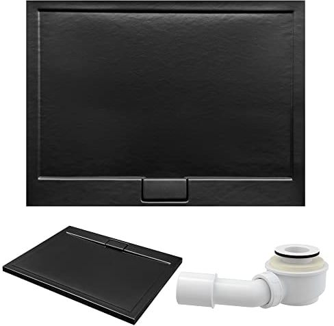 BADLAND Duschwanne 110x90 Axim Schwarz Steinoptik Acryl Duschtasse Rechteck mit Ablaufgarnitur Ø 50 mm
