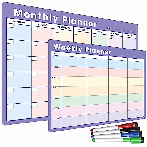 TMS Magnetisches Whiteboard-Planer-Set, A4 Wochen- und A3-Monatskalender mit Memoboard, Einkaufs- und To-Do-Listen-Funktionen, Mahlzeitenplaner-Bundle und 4 trocken abwischbaren Stiften mit