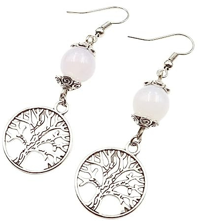 Boucle D 'Oreille Femme,Boucles D'Oreilles Pendantes En Agate Blanche Naturelle Avec Perle Ronde Arbre De Vie Pendentif Pendantes Crochet Boucles D'Oreilles Cristal Reiki Équilibre Chakra Bijoux Ca
