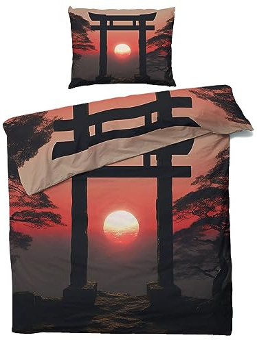 MOBEITI Japanische Bettwäsche 135x200, Japan Style Torii Gate Wendebettwäsche, Weiche Kuschelige Mikrofaser Bettbezug Set 2teilig, 1 Kissenbezug 80x80, mit Reißverschluss - Asiatische Motive 05