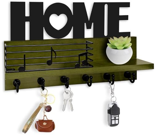 Bibykivn Porte Clef Mural Bois à 6 Crochets - HOME Décoration Boîte à Clés Vintage, Boite a Clefs Murale avec Étagère de Rangement pour Rangement Des Clés et Courrier à L'entrée (Vert Foncé)