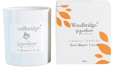 Woodbridge Duftkerze im Glas mit Deckel | Peach Blossom & Vanilla | Duftkerze Fruchtig | kleine Duftkerze | Brenndauer bis 50h | Weiße Kerzen (250g) | Signature Kollektion