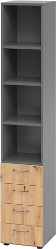bümö smart Schubladenschrank, Büroschrank in Graphit/Asteiche mit 4 Schüben & 4 Regalfächern - Bürocontainer aus Holz, Container mit Metallgriffen & Soft-Stop Schubladen