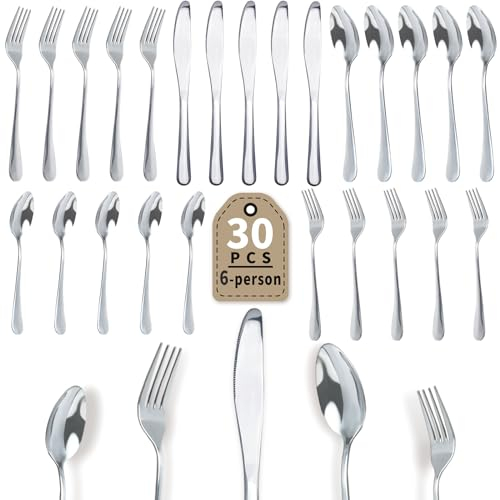 Dazhtu Set de Couverts 30 pièces, Ensemble de couverts de table 6 personnes avec Couteau à Steak, Couteau, Fourchette, Cuillère,Elégant Acier Inoxydable Couvert, équipement de camping, lave-vaisselle