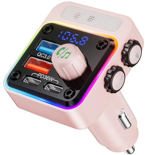 Nulaxy Bluetooth 5.3 FM Transmitter 54 W [PD 36W & QC3.0 18W] Schnelles Autoladegerät mit 4 Ladeanschlüssen, Bass & HiFi Stereo Bluetooth Adapter Auto Freisprecheinrichtung, NX16 Pink