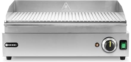 HENDI Grillplatte, gerillte Ausführung, Entnehmbare Festtschublade, Temperatur bis 300°C regelbar, Elektrogrill, Tischgrill, Gastrogrill, 230V/2400W, 526x444x(H)232mm, Edelstahl