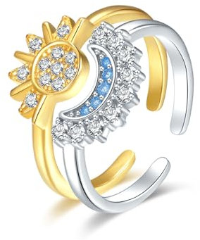SILBERTALE Sterling Silber 925 Verstellbar Sonne und Mond Ring Set Mond Stern Matching Rings Freundschaftsringe für Frauen Größe 51-55mm